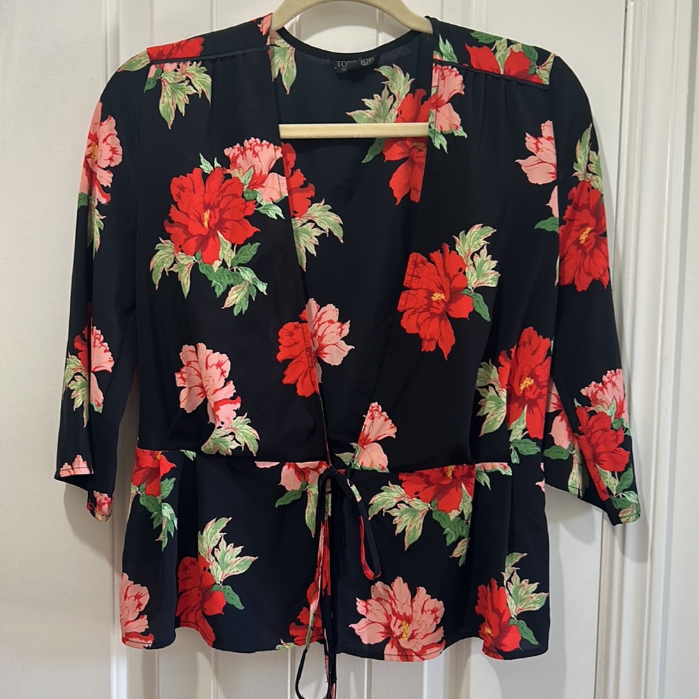 TOPSHOP Floral roses semi sheer long sleeve wrap style top or cardigan
